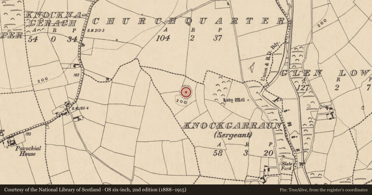 Ordnance Survey six-inch map, 2nd edition (1888–1915) covering the location of Ringfort - unclassified, Knockgarraun (Sergeant), County Waterford, with a pin at the register's coordinates