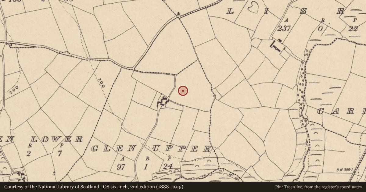 Ordnance Survey six-inch map, 2nd edition (1888–1915) covering the location of Enclosure, Glen Upper, County Waterford, with a pin at the register's coordinates