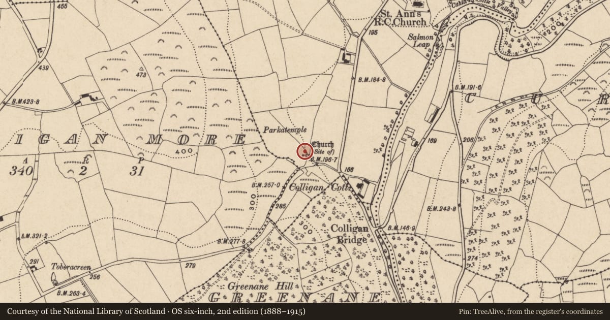 Ordnance Survey six-inch map, 2nd edition (1888–1915) covering the location of Church, Colligan Beg, County Waterford, with a pin at the register's coordinates