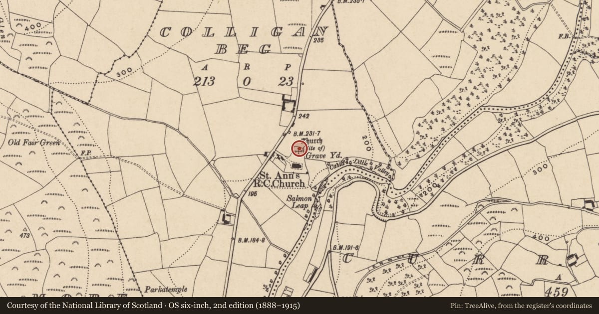 Ordnance Survey six-inch map, 2nd edition (1888–1915) covering the location of Bullaun stone, Colligan Beg, County Waterford, with a pin at the register's coordinates