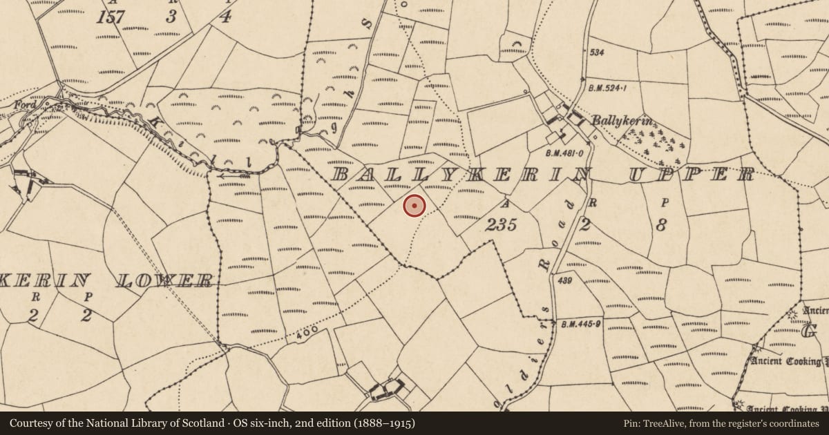 Ordnance Survey six-inch map, 2nd edition (1888–1915) covering the location of Fulacht fia, Ballykerin Upper, County Waterford, with a pin at the register's coordinates