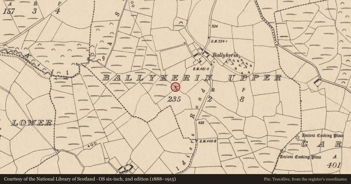 Ordnance Survey six-inch map, 2nd edition (1888–1915) covering the location of Burnt mound, Ballykerin Upper, County Waterford, with a pin at the register's coordinates