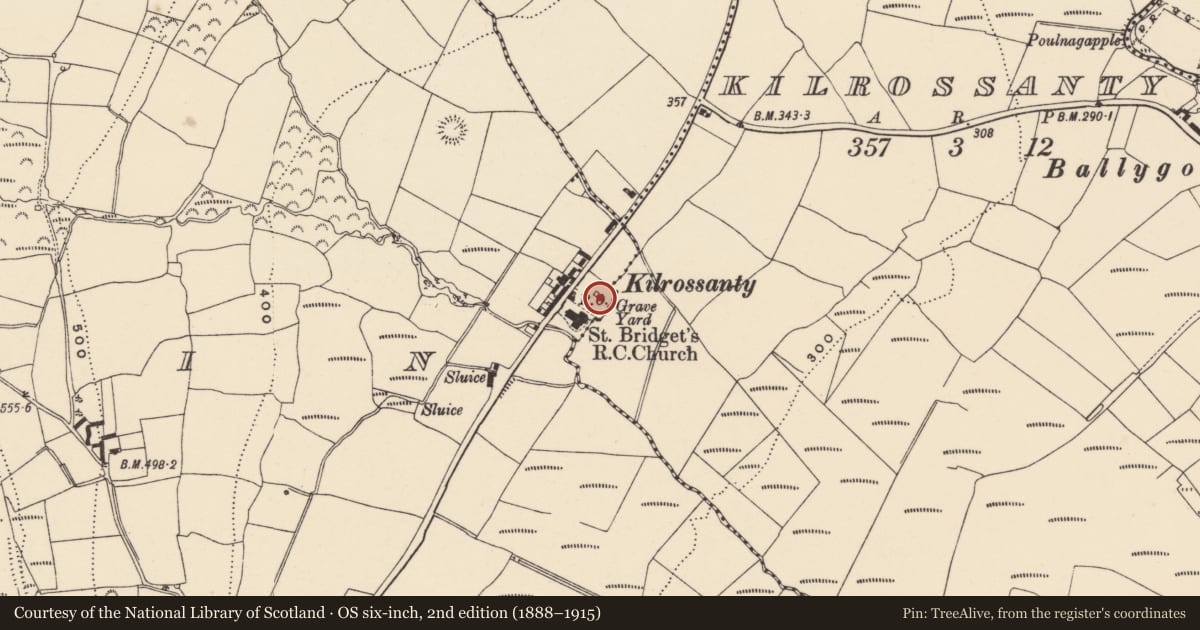 Ordnance Survey six-inch map, 2nd edition (1888–1915) covering the location of Church, Boolattin, County Waterford, with a pin at the register's coordinates