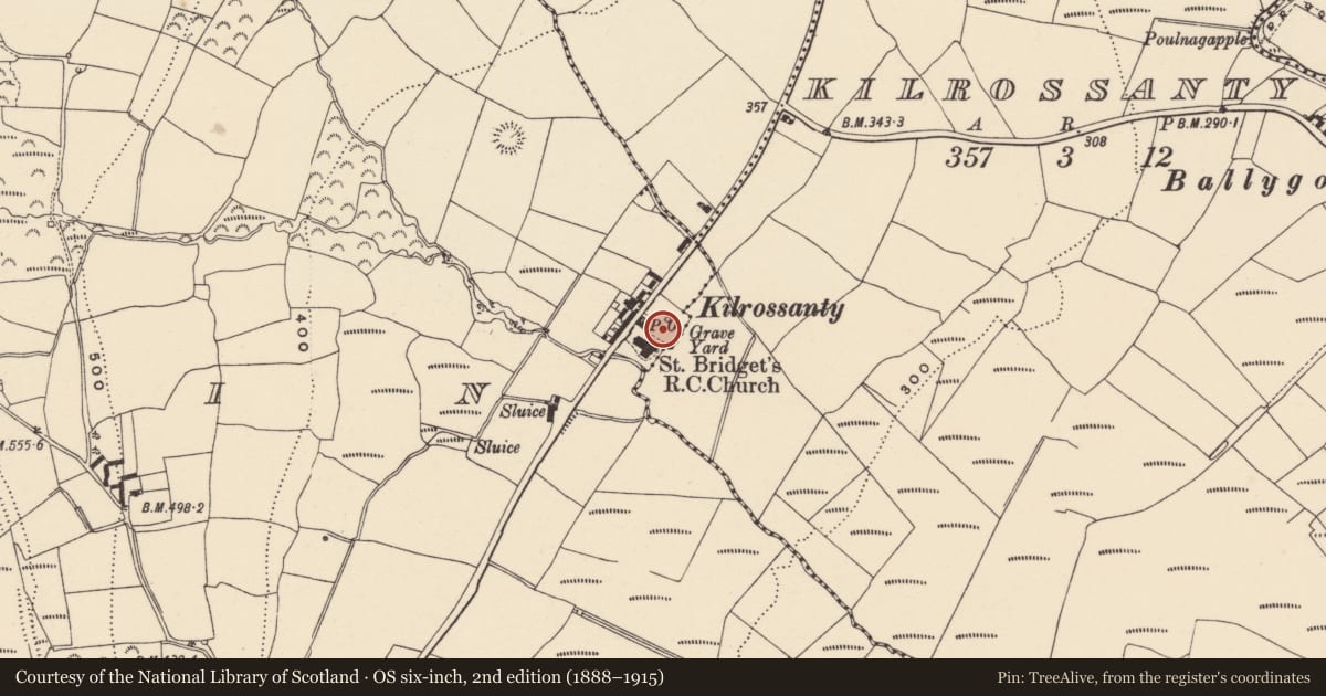 Ordnance Survey six-inch map, 2nd edition (1888–1915) covering the location of Graveyard, Boolattin, County Waterford, with a pin at the register's coordinates