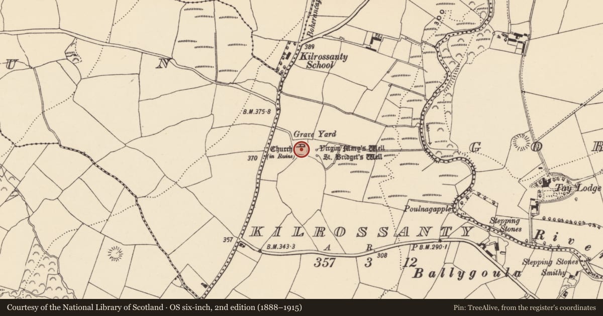 Ordnance Survey six-inch map, 2nd edition (1888–1915) covering the location of Graveyard, Kilrossanty, County Waterford, with a pin at the register's coordinates