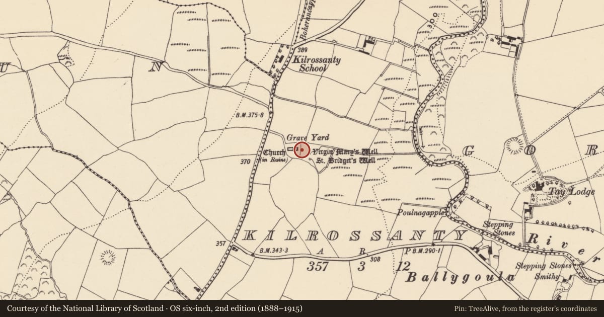 Ordnance Survey six-inch map, 2nd edition (1888–1915) covering the location of Ecclesiastical enclosure, Kilrossanty, County Waterford, with a pin at the register's coordinates