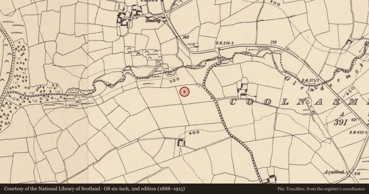 Ordnance Survey six-inch map, 2nd edition (1888–1915) covering the location of Earthwork, Coolnasmear Lower, County Waterford, with a pin at the register's coordinates