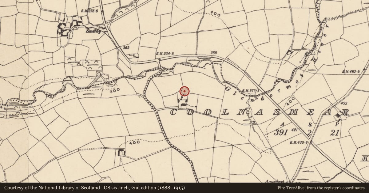 Ordnance Survey six-inch map, 2nd edition (1888–1915) covering the location of Ringfort - rath, Coolnasmear Upper, County Waterford, with a pin at the register's coordinates