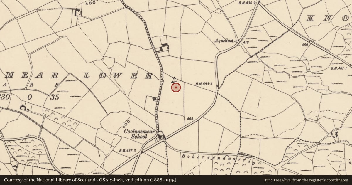 Ordnance Survey six-inch map, 2nd edition (1888–1915) covering the location of Ringfort - unclassified, Coolnasmear Upper, County Waterford, with a pin at the register's coordinates