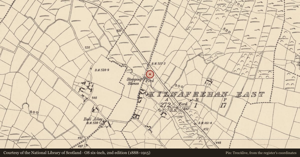 Ordnance Survey six-inch map, 2nd edition (1888–1915) covering the location of Church, Kilnafrehan East, County Waterford, with a pin at the register's coordinates
