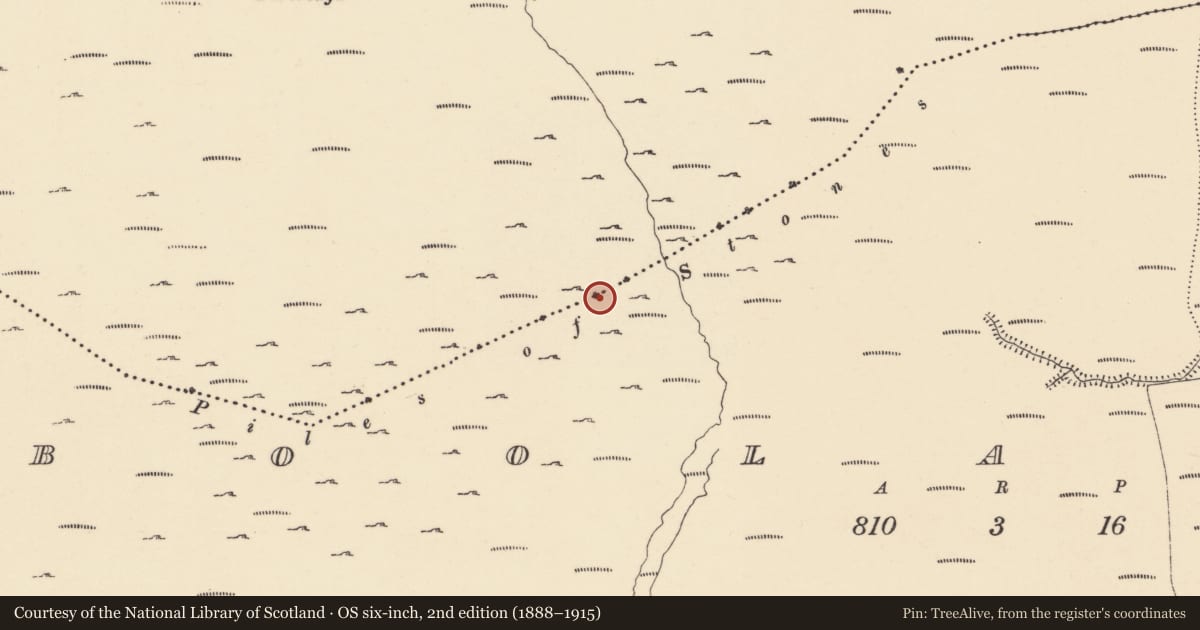 Ordnance Survey six-inch map, 2nd edition (1888–1915) covering the location of Cairn - boundary cairn, Boolattin, Curraun, County Waterford, with a pin at the register's coordinates