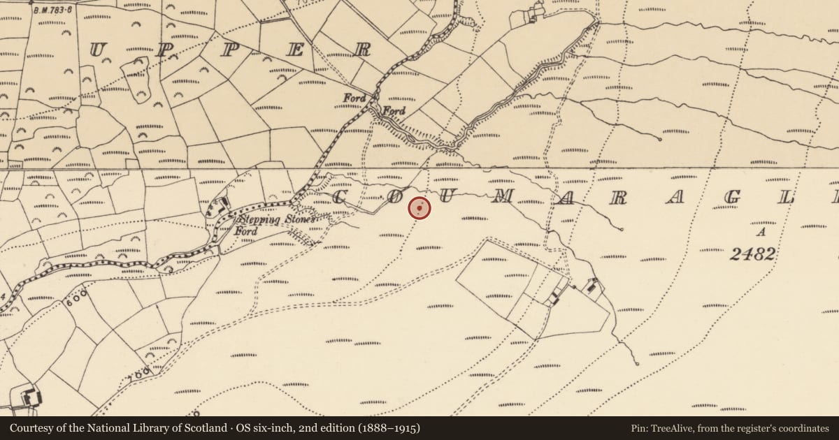 Ordnance Survey six-inch map, 2nd edition (1888–1915) covering the location of Cairn - cairn circle, Coumaraglinmountain, County Waterford, with a pin at the register's coordinates