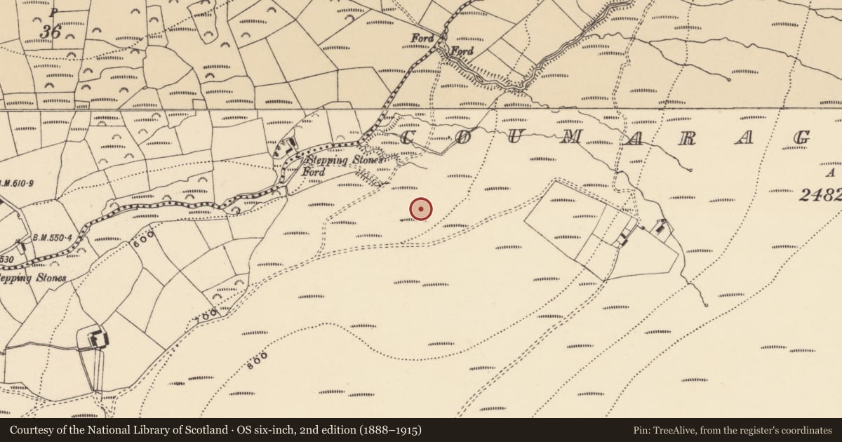 Ordnance Survey six-inch map, 2nd edition (1888–1915) covering the location of Fulacht fia, Coumaraglinmountain, County Waterford, with a pin at the register's coordinates