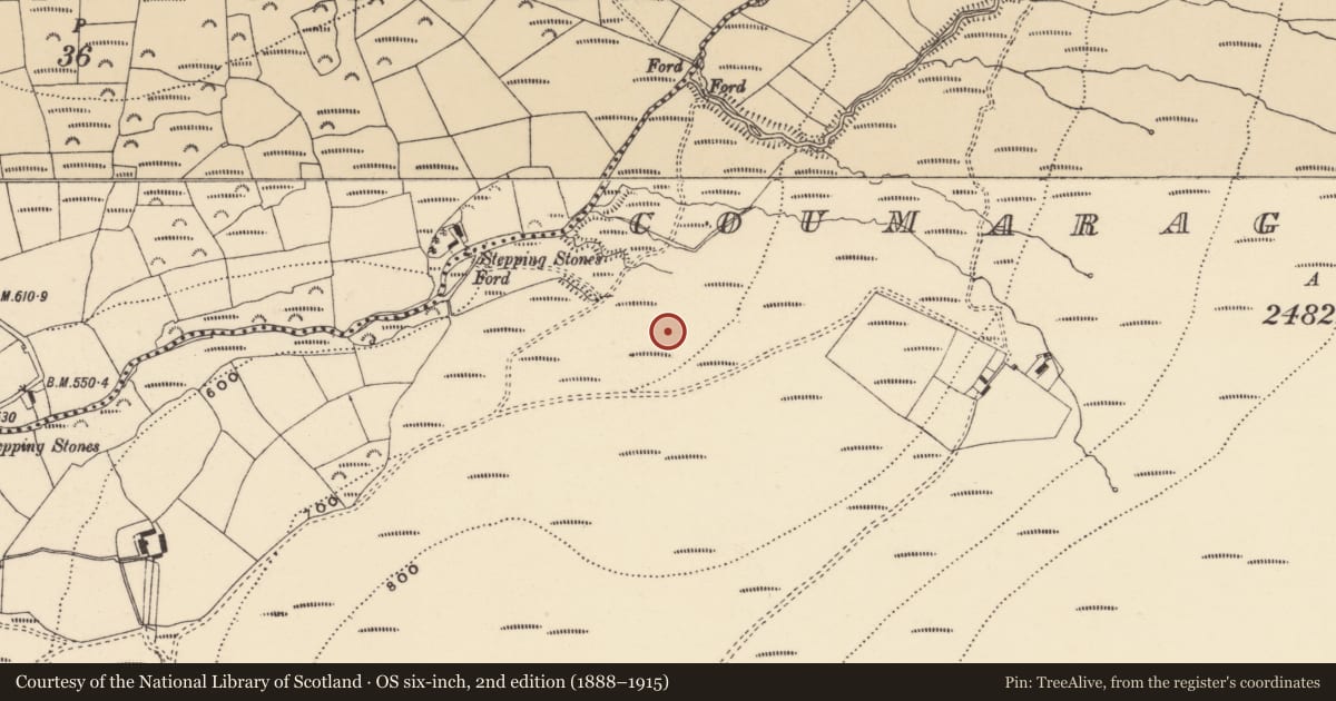 Ordnance Survey six-inch map, 2nd edition (1888–1915) covering the location of Fulacht fia, Coumaraglinmountain, County Waterford, with a pin at the register's coordinates
