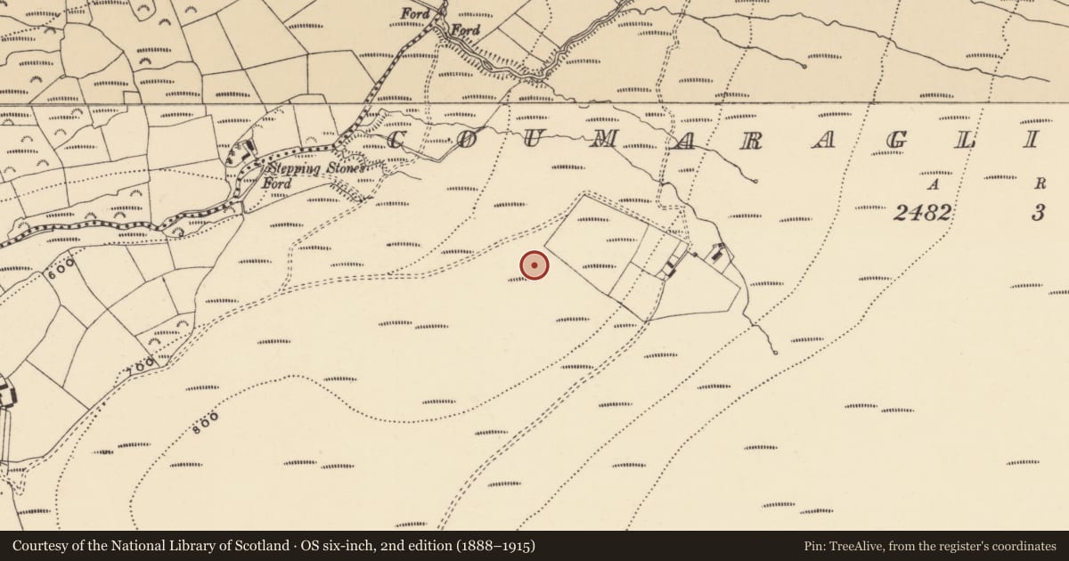 Ordnance Survey six-inch map, 2nd edition (1888–1915) covering the location of Fulacht fia, Coumaraglinmountain, County Waterford, with a pin at the register's coordinates