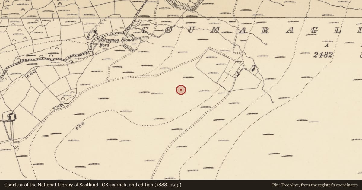 Ordnance Survey six-inch map, 2nd edition (1888–1915) covering the location of Fulacht fia, Coumaraglinmountain, County Waterford, with a pin at the register's coordinates
