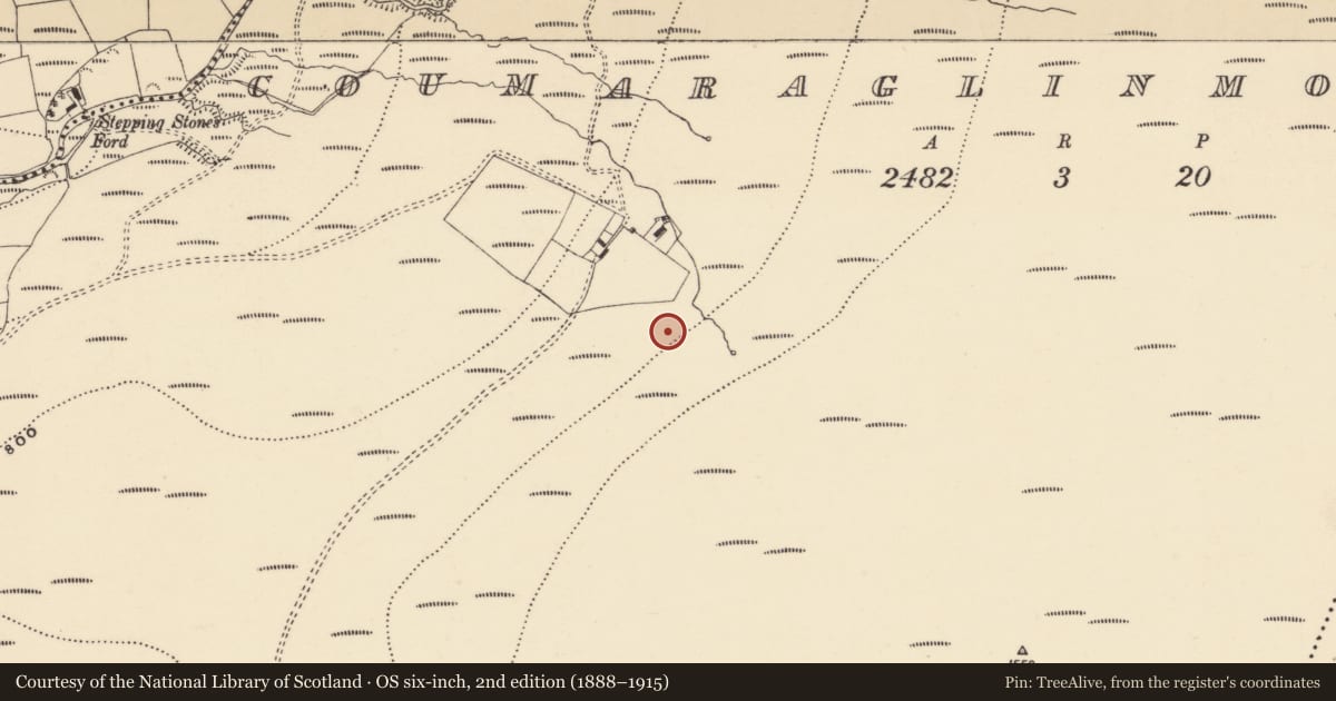 Ordnance Survey six-inch map, 2nd edition (1888–1915) covering the location of Hut site, Coumaraglinmountain, County Waterford, with a pin at the register's coordinates