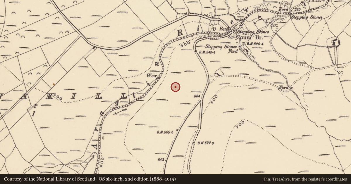 Ordnance Survey six-inch map, 2nd edition (1888–1915) covering the location of Hut site, Coumaraglinmountain, County Waterford, with a pin at the register's coordinates