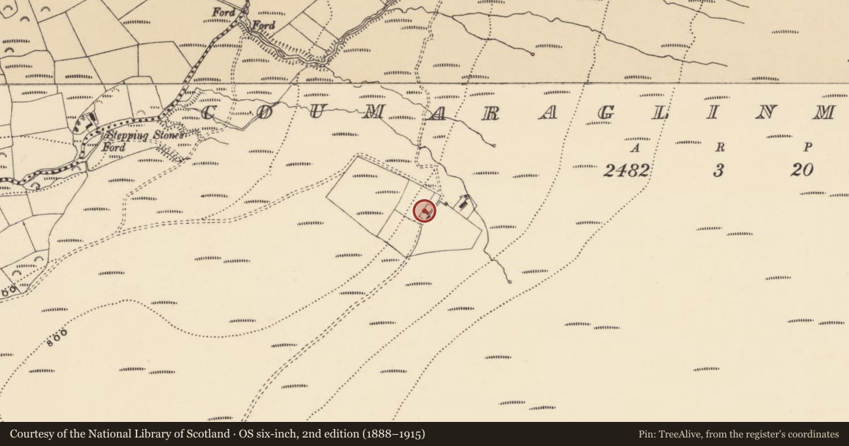 Ordnance Survey six-inch map, 2nd edition (1888–1915) covering the location of Burnt mound, Coumaraglinmountain, County Waterford, with a pin at the register's coordinates