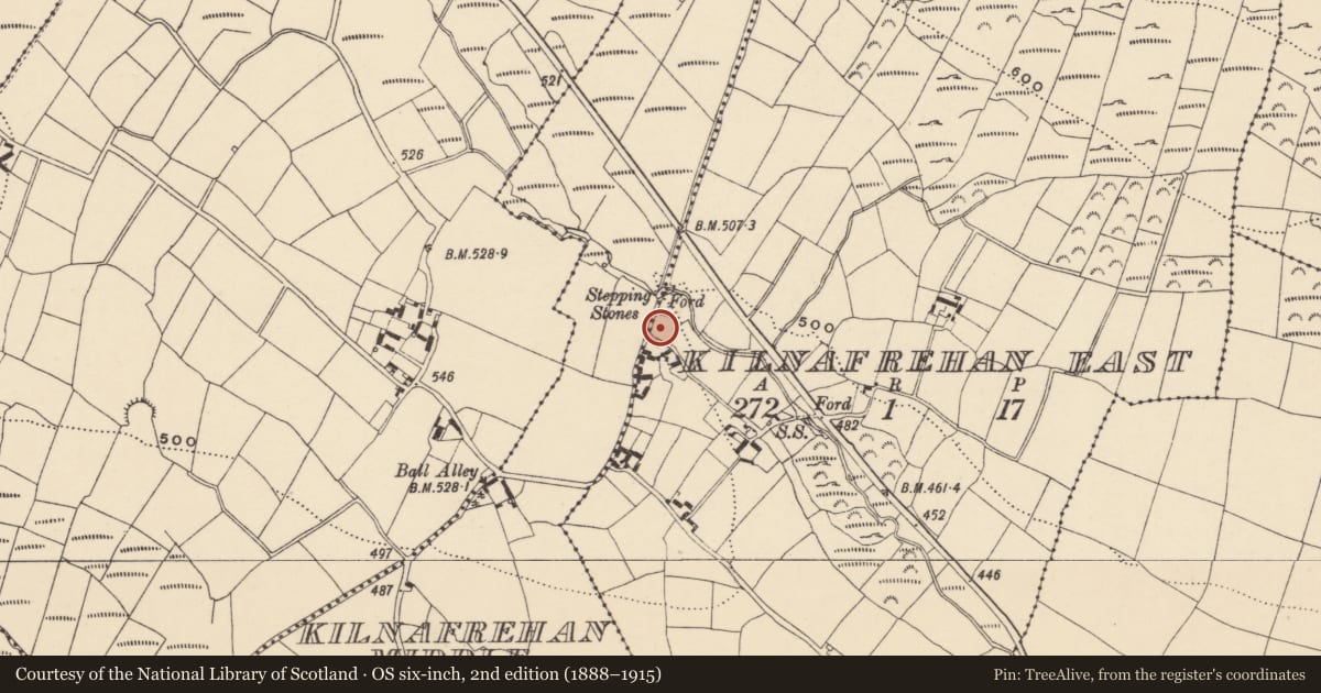 Ordnance Survey six-inch map, 2nd edition (1888–1915) covering the location of Souterrain, Kilnafrehan East, County Waterford, with a pin at the register's coordinates