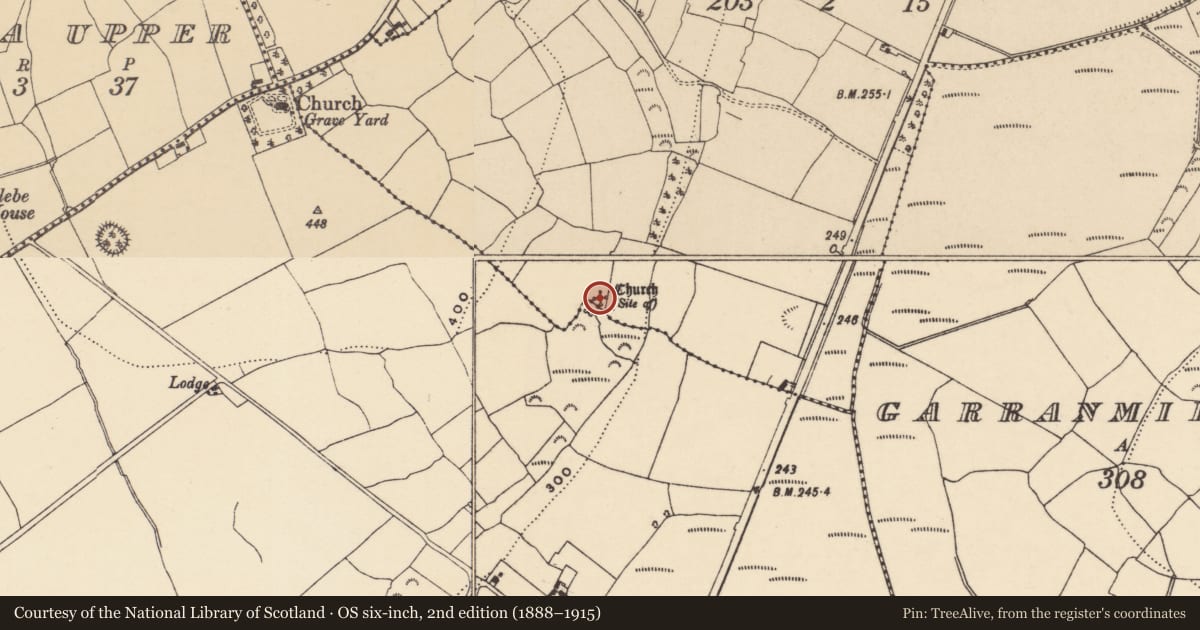 Ordnance Survey six-inch map, 2nd edition (1888–1915) covering the location of Church, Briska Lower, County Waterford, with a pin at the register's coordinates