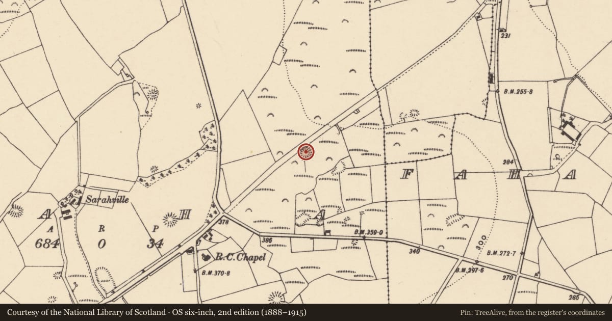 Ordnance Survey six-inch map, 2nd edition (1888–1915) covering the location of Ringfort - rath, An Fhaiche (Bar. Na Déise lasmuigh den Drom), County Waterford, with a pin at the register's coordinates