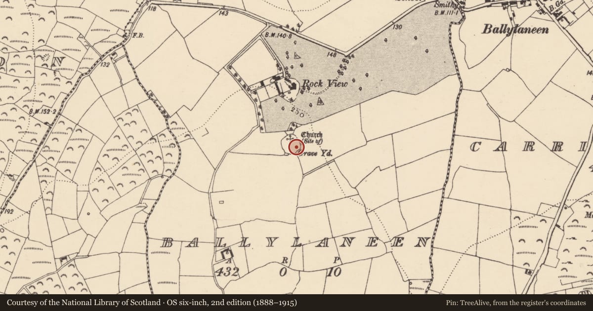 Ordnance Survey six-inch map, 2nd edition (1888–1915) covering the location of Font, Ballylaneen, County Waterford, with a pin at the register's coordinates