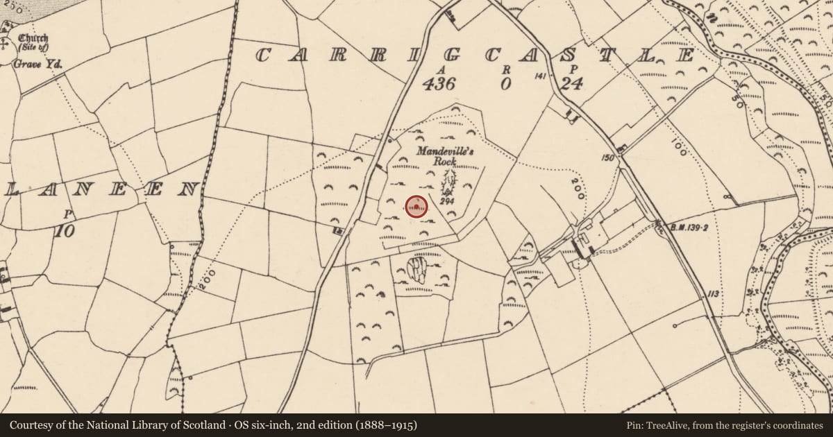 Ordnance Survey six-inch map, 2nd edition (1888–1915) covering the location of Souterrain, Carrigcastle, County Waterford, with a pin at the register's coordinates