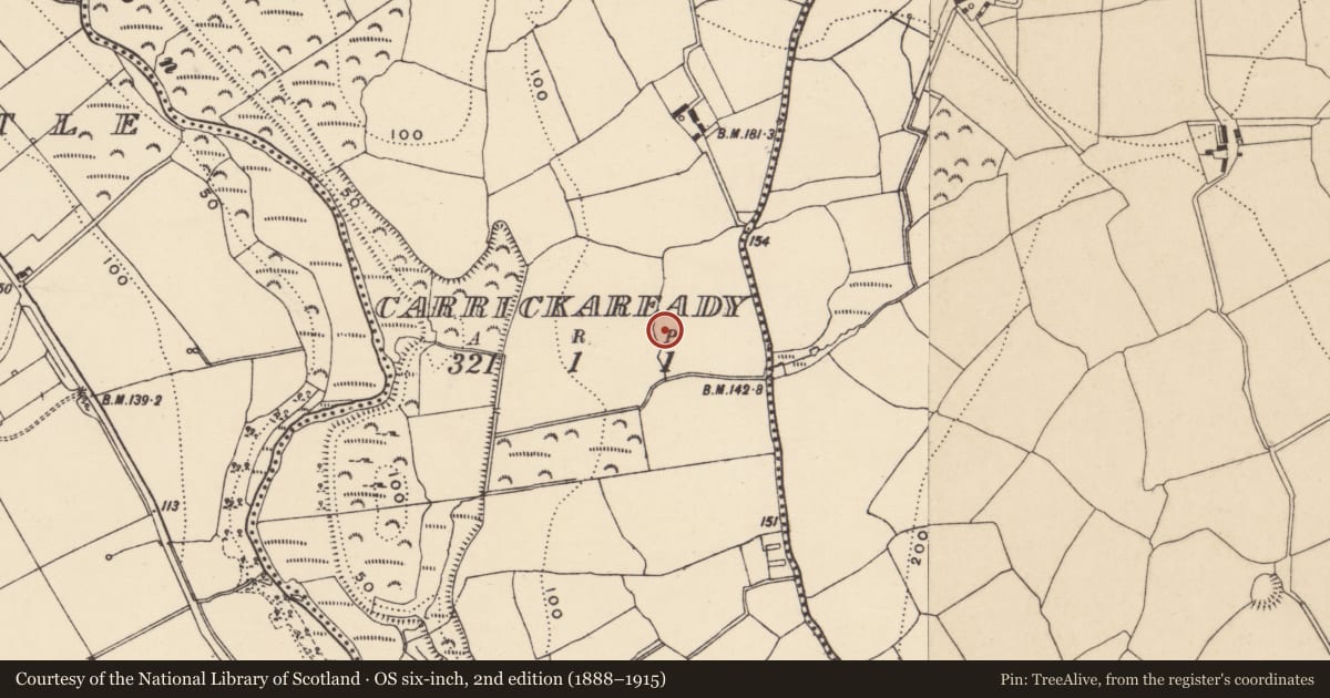 Ordnance Survey six-inch map, 2nd edition (1888–1915) covering the location of Enclosure, Carrickaready, County Waterford, with a pin at the register's coordinates