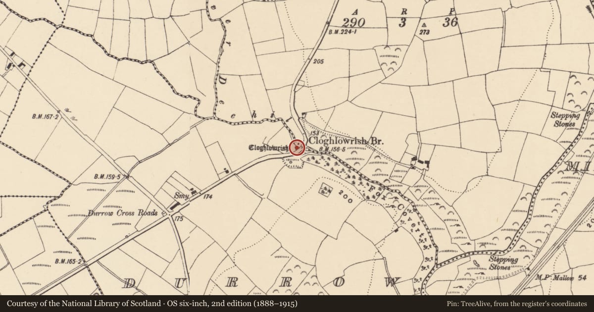 Ordnance Survey six-inch map, 2nd edition (1888–1915) covering the location of Boundary stone, Durrow, County Waterford, with a pin at the register's coordinates