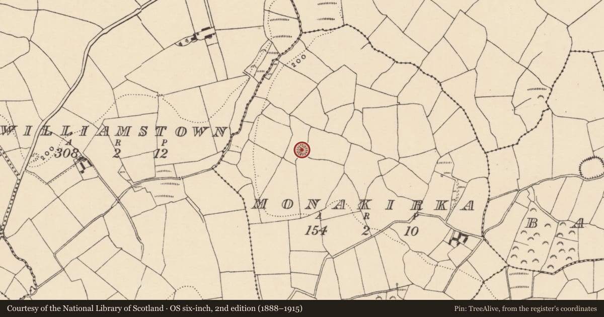 Ordnance Survey six-inch map, 2nd edition (1888–1915) covering the location of Ringfort - rath, Monakirka, County Waterford, with a pin at the register's coordinates