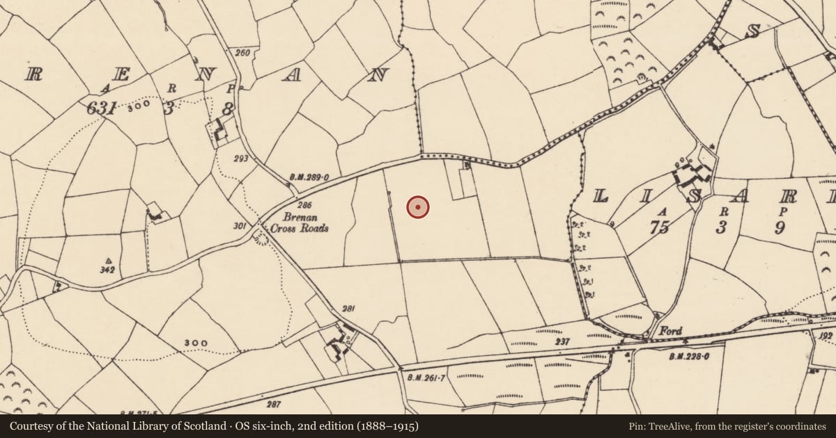Ordnance Survey six-inch map, 2nd edition (1888–1915) covering the location of Earthwork, Brenan, County Waterford, with a pin at the register's coordinates