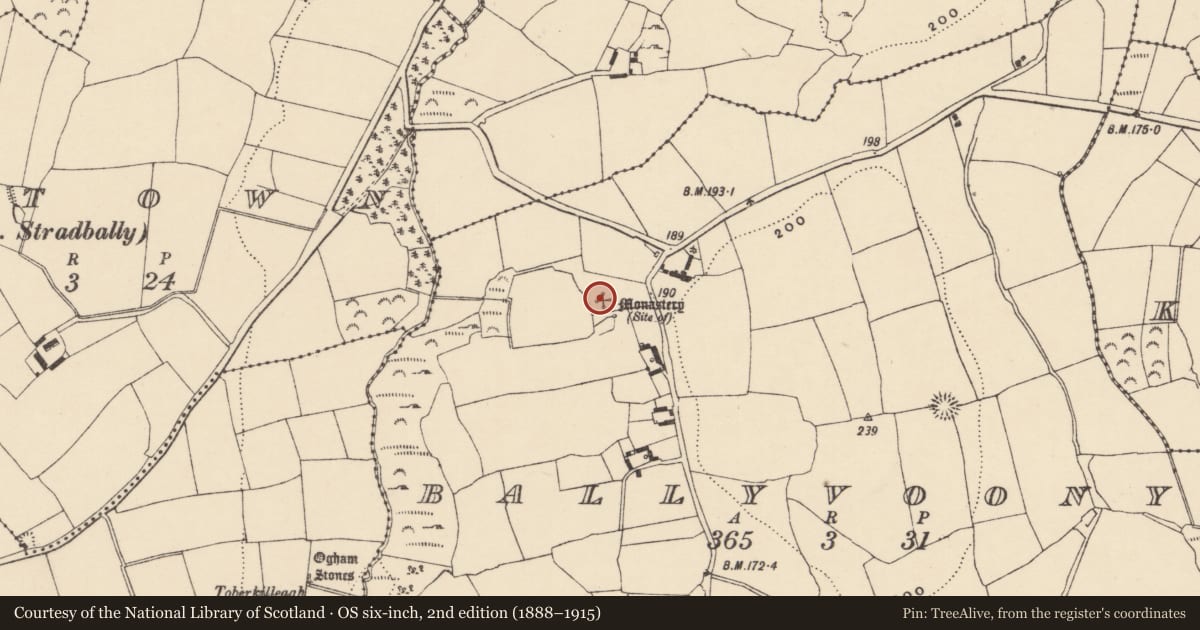 Ordnance Survey six-inch map, 2nd edition (1888–1915) covering the location of Church, Ballyvoony, County Waterford, with a pin at the register's coordinates