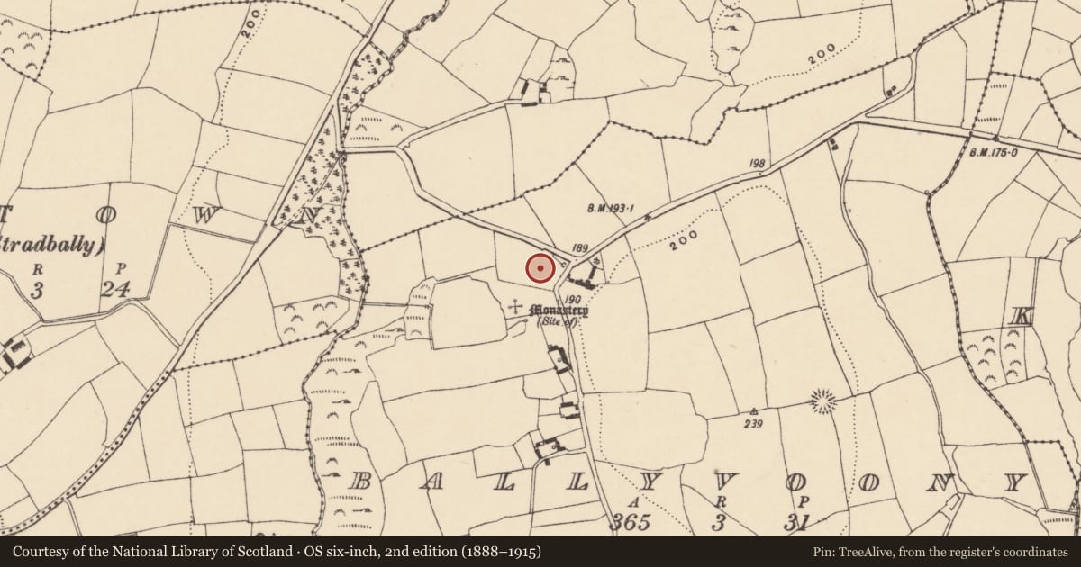 Ordnance Survey six-inch map, 2nd edition (1888–1915) covering the location of House - indeterminate date, Ballyvoony, County Waterford, with a pin at the register's coordinates