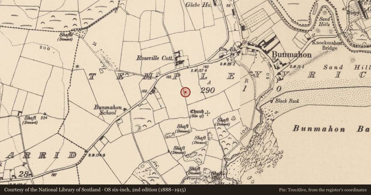 Ordnance Survey six-inch map, 2nd edition (1888–1915) covering the location of Burial ground, Templeyvrick, County Waterford, with a pin at the register's coordinates