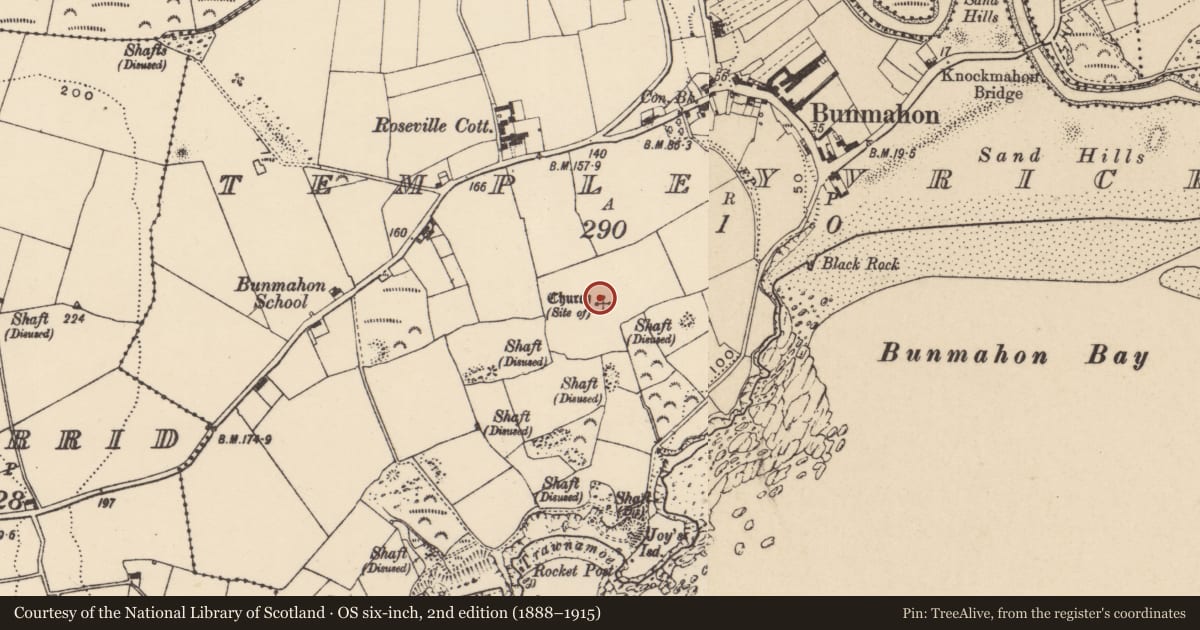 Ordnance Survey six-inch map, 2nd edition (1888–1915) covering the location of Church, Templeyvrick, County Waterford, with a pin at the register's coordinates