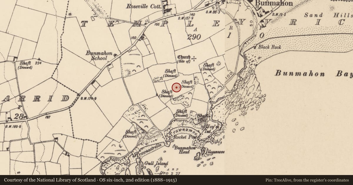 Ordnance Survey six-inch map, 2nd edition (1888–1915) covering the location of Settlement deserted - medieval, Templeyvrick, County Waterford, with a pin at the register's coordinates