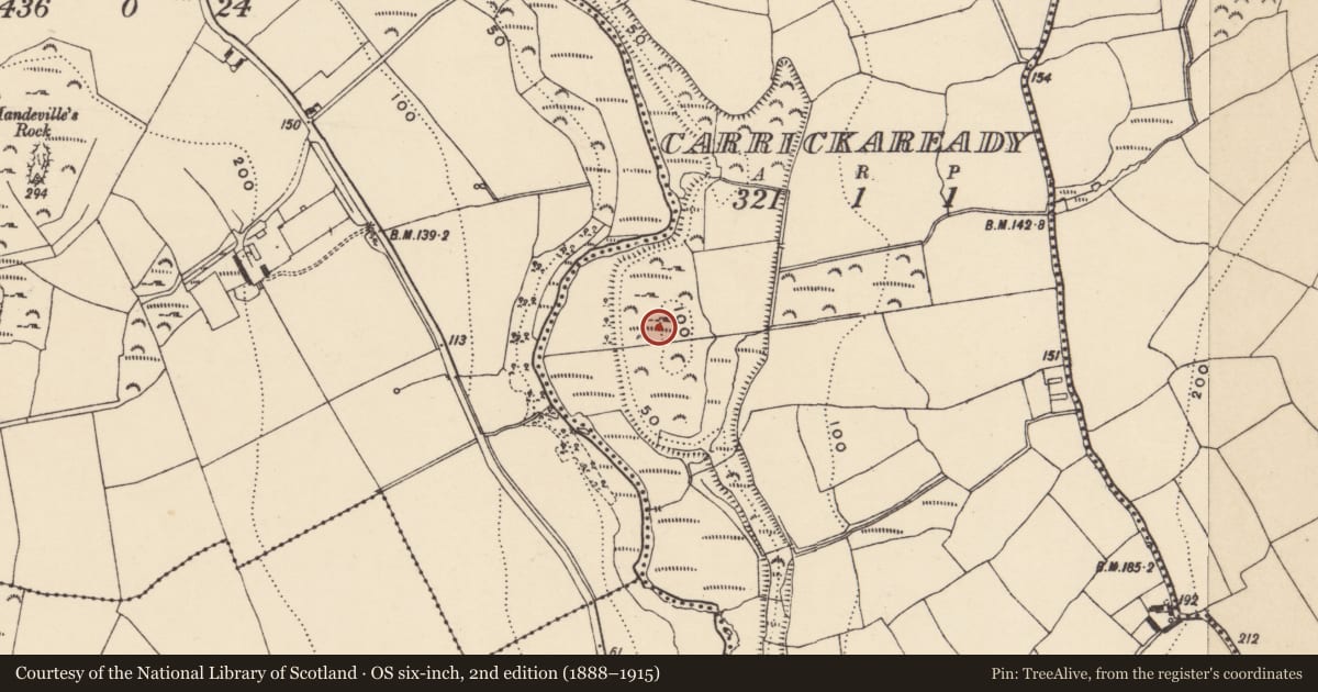 Ordnance Survey six-inch map, 2nd edition (1888–1915) covering the location of Enclosure, Carrickaready, County Waterford, with a pin at the register's coordinates