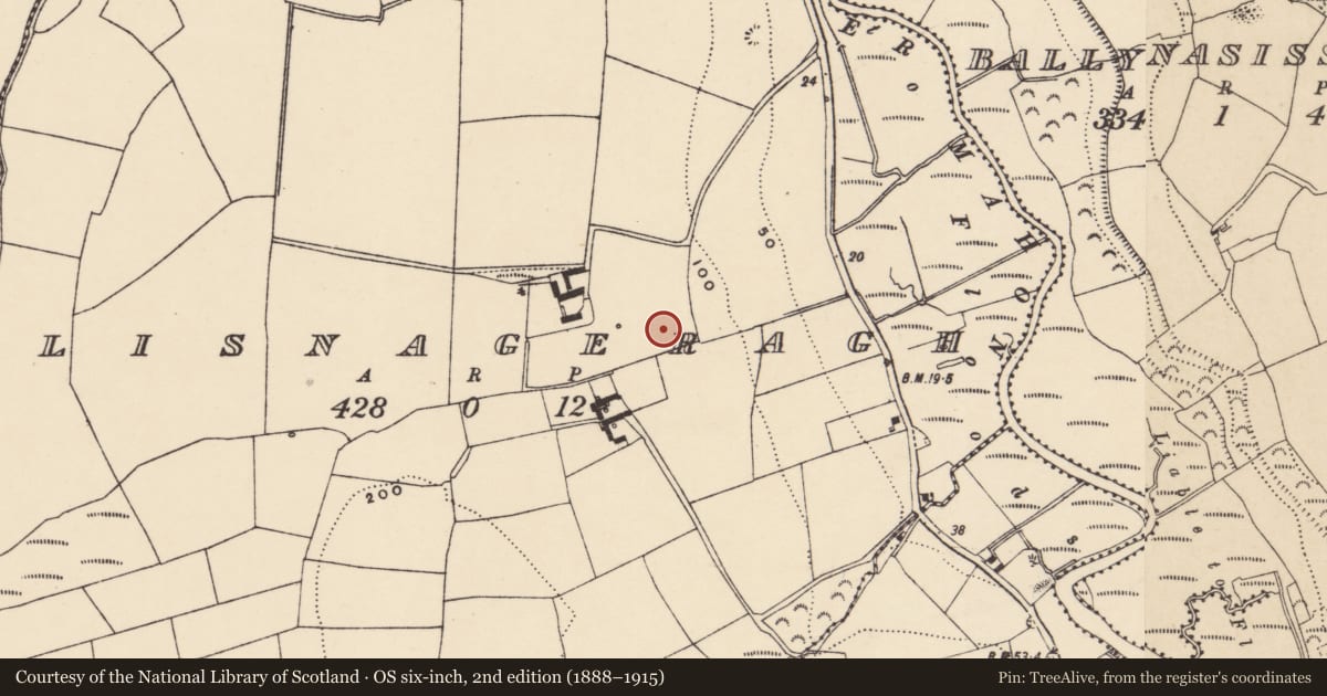 Ordnance Survey six-inch map, 2nd edition (1888–1915) covering the location of Enclosure, Lisnageragh, County Waterford, with a pin at the register's coordinates