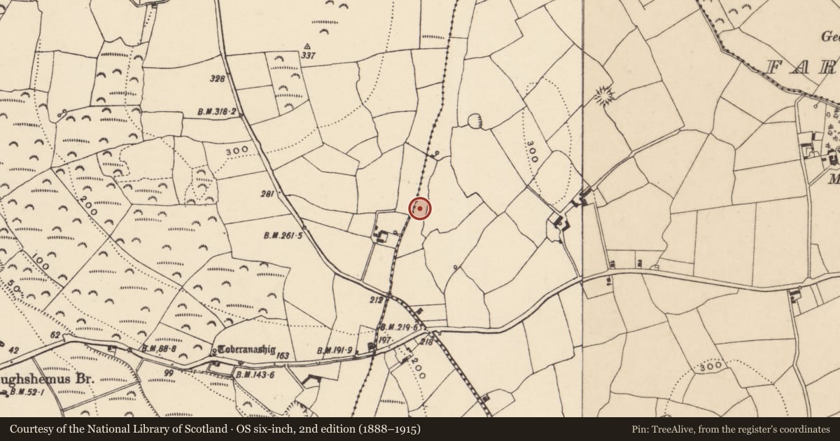 Ordnance Survey six-inch map, 2nd edition (1888–1915) covering the location of Burnt mound, Ballyvadden, County Waterford, with a pin at the register's coordinates