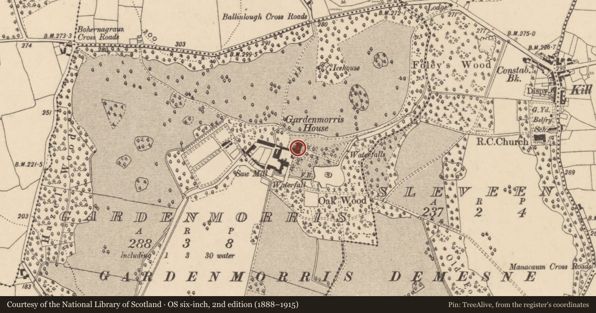 Ordnance Survey six-inch map, 2nd edition (1888–1915) covering the location of House - 17th century, Gardenmorris, County Waterford, with a pin at the register's coordinates