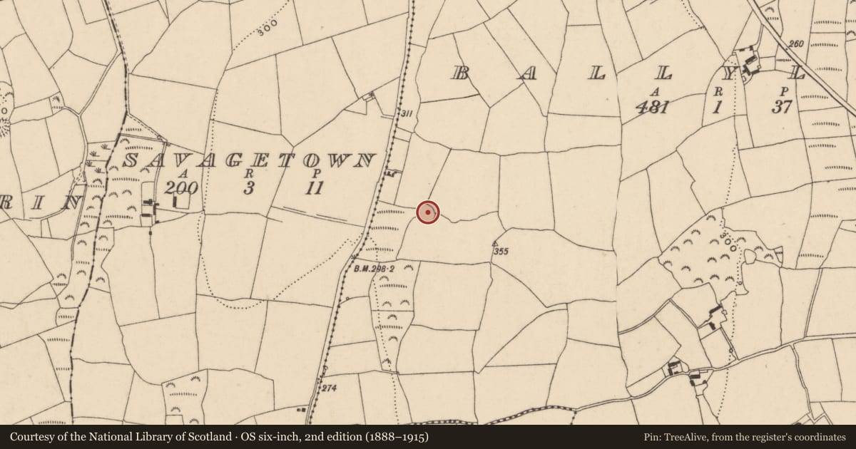 Ordnance Survey six-inch map, 2nd edition (1888–1915) covering the location of Enclosure, Ballyleen, County Waterford, with a pin at the register's coordinates