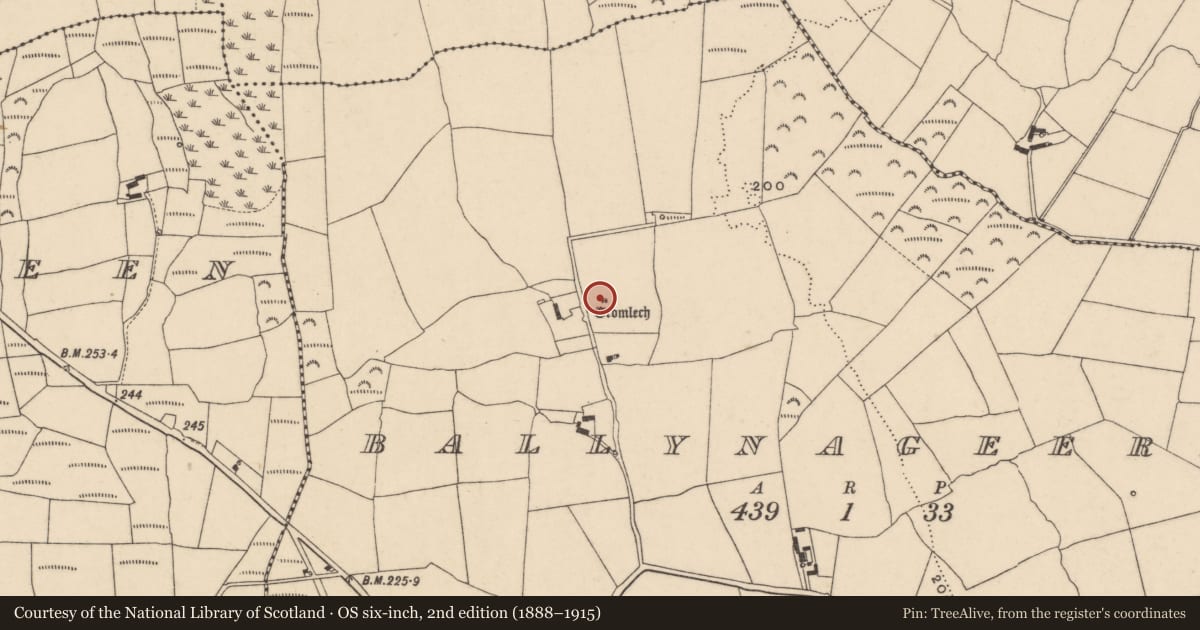 Ordnance Survey six-inch map, 2nd edition (1888–1915) covering the location of Megalithic tomb - portal tomb, Ballynageeragh, County Waterford, with a pin at the register's coordinates