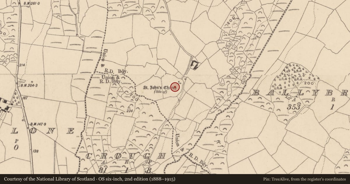 Ordnance Survey six-inch map, 2nd edition (1888–1915) covering the location of Ecclesiastical enclosure, Killone, County Waterford, with a pin at the register's coordinates