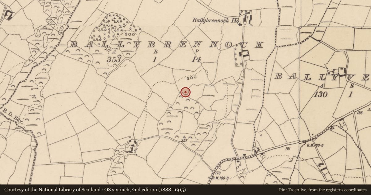 Ordnance Survey six-inch map, 2nd edition (1888–1915) covering the location of Ringfort - unclassified, Ballybrennock, County Waterford, with a pin at the register's coordinates