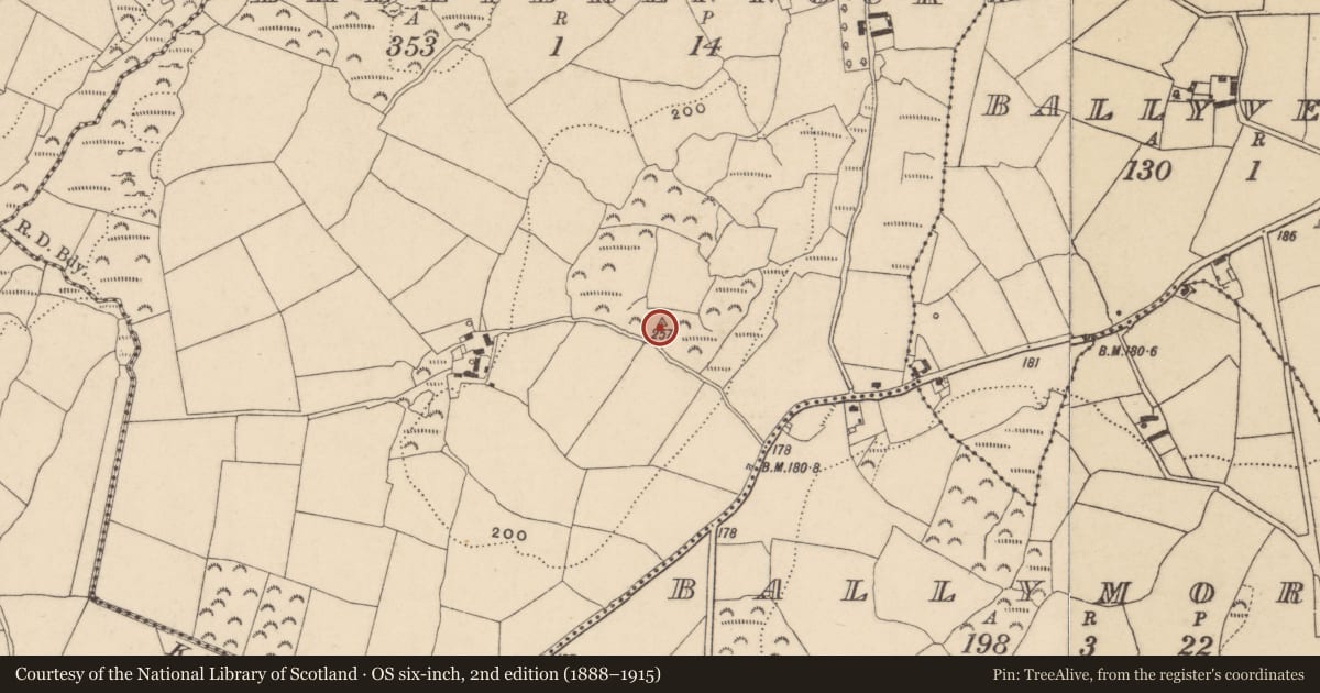 Ordnance Survey six-inch map, 2nd edition (1888–1915) covering the location of Cairn - unclassified, Ballybrennock, County Waterford, with a pin at the register's coordinates