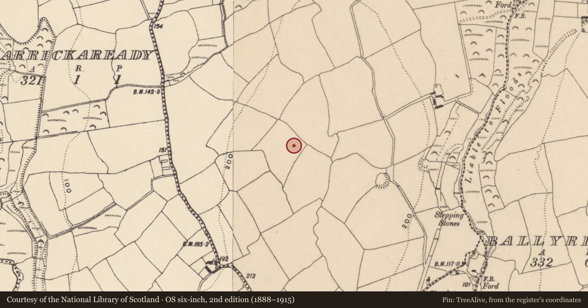 Ordnance Survey six-inch map, 2nd edition (1888–1915) covering the location of Enclosure, Ballyvadden, County Waterford, with a pin at the register's coordinates