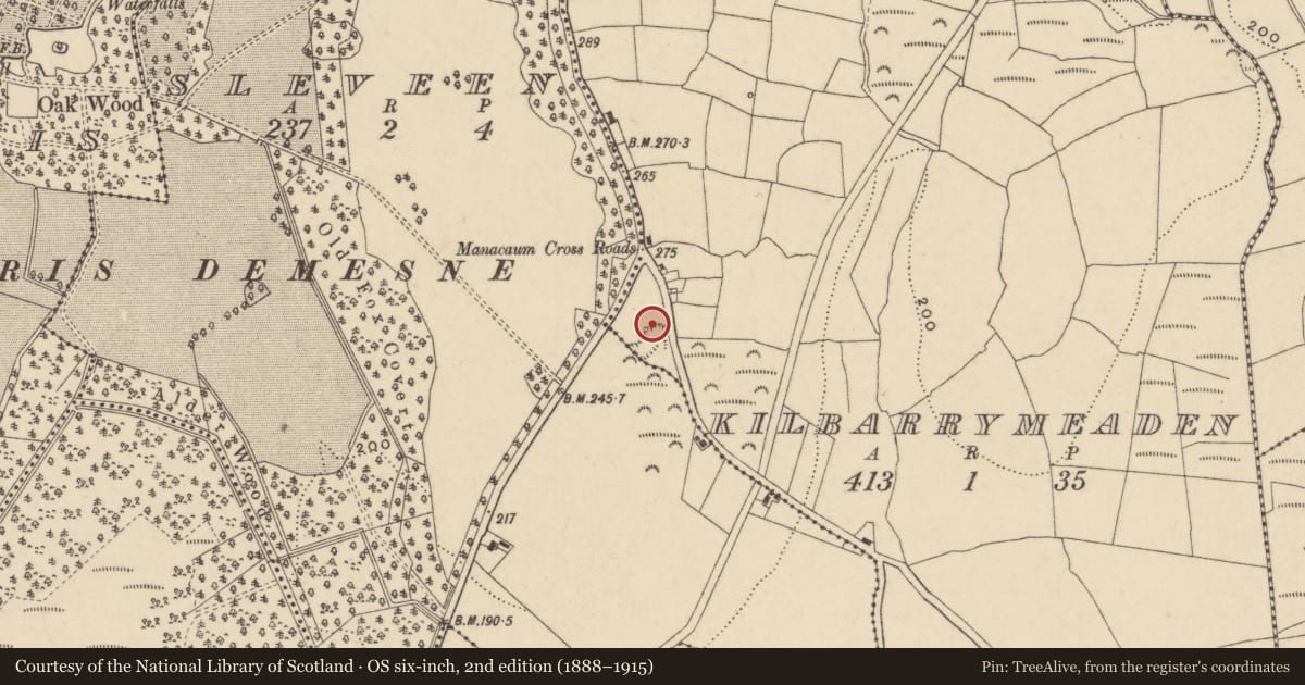 Ordnance Survey six-inch map, 2nd edition (1888–1915) covering the location of Burnt mound, Kilbarrymeaden, County Waterford, with a pin at the register's coordinates