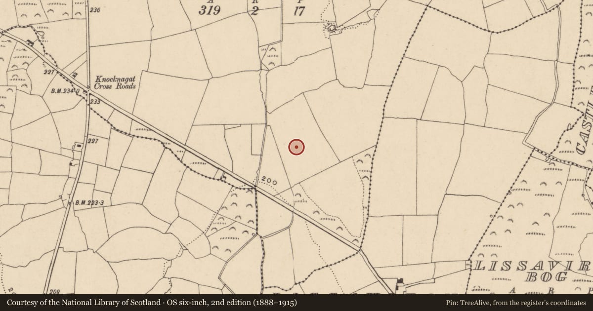 Ordnance Survey six-inch map, 2nd edition (1888–1915) covering the location of Ringfort - unclassified, Castlecraddock, County Waterford, with a pin at the register's coordinates