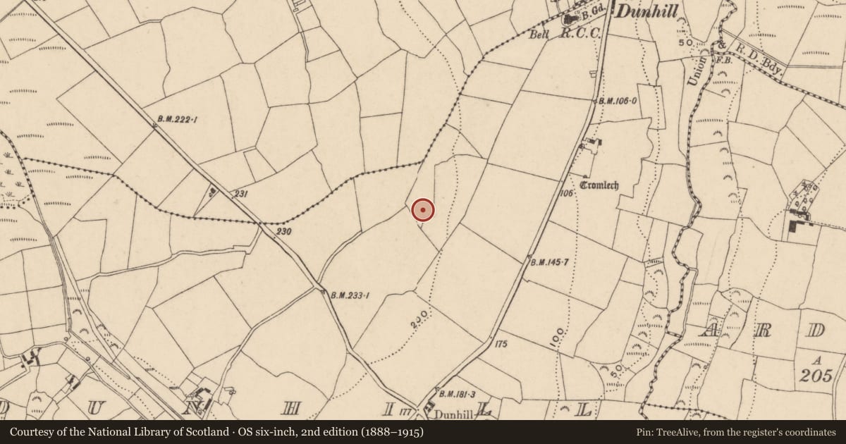 Ordnance Survey six-inch map, 2nd edition (1888–1915) covering the location of Ringfort - unclassified, Dunhill, County Waterford, with a pin at the register's coordinates